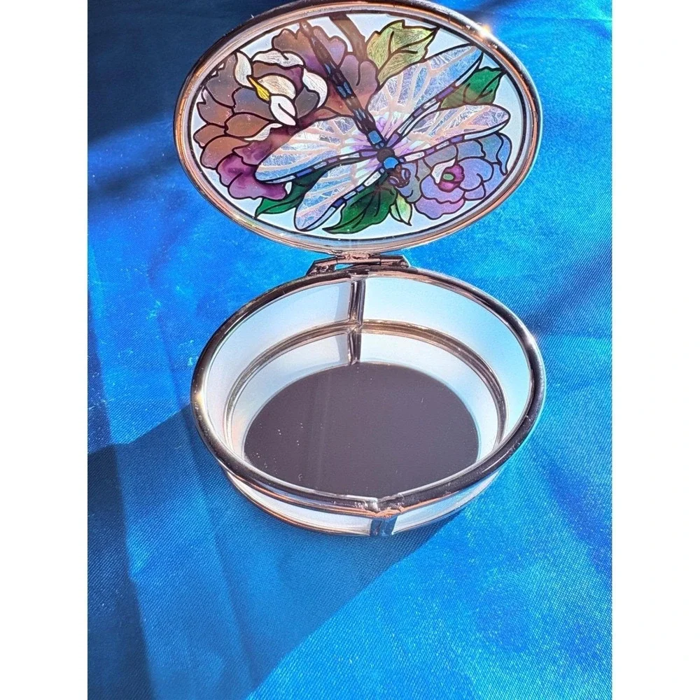 Amia Studios Hand Painted Dragonfly Glass Trinket Box Mirrored Jewelry Case‎